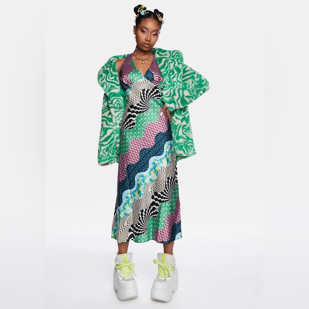 Another Girl PETUNIA SATIN PATCHWORK MIDI DRESS IN GREEN MULTI Size 4/Small